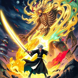 An epic scene inspired by the anime Bleach, featuring a fierce and vibrant battle between a Soul Reaper and a Menos Grande