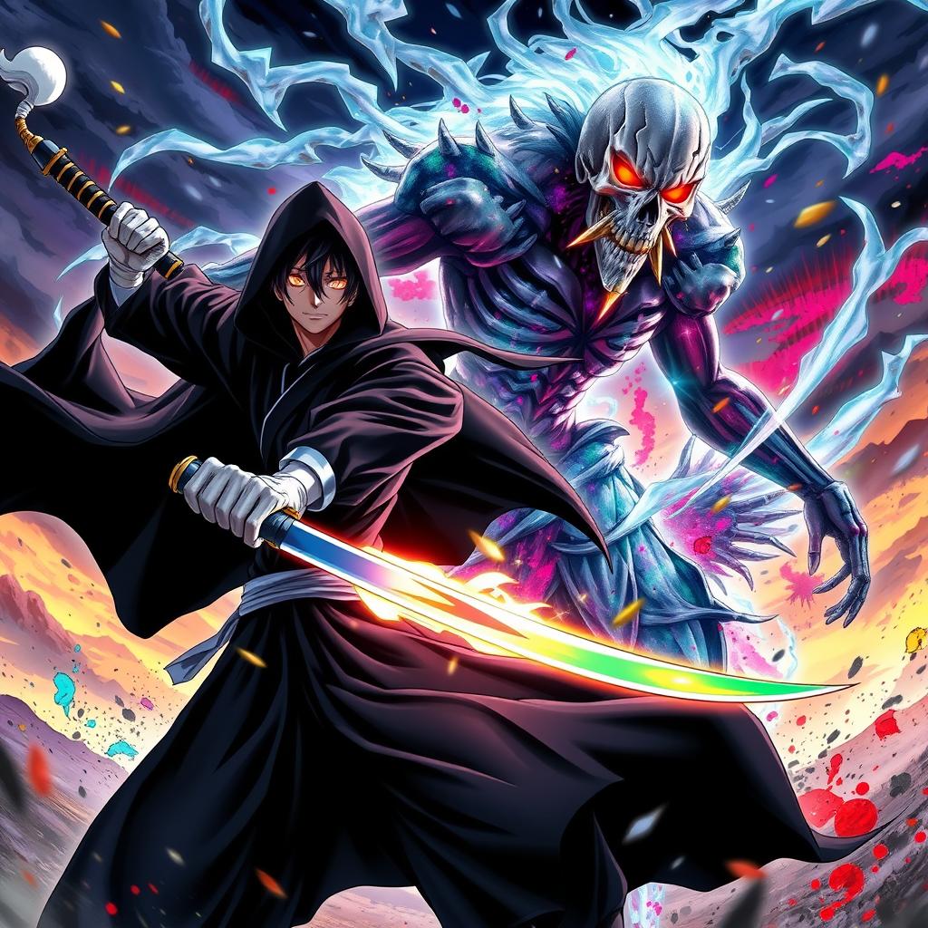 An epic scene inspired by the anime Bleach, featuring a fierce and vibrant battle between a Soul Reaper and a Menos Grande