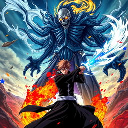 An epic scene inspired by the anime Bleach, featuring a fierce and vibrant battle between a Soul Reaper and a Menos Grande