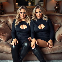 A cozy, intimate portrait of twin curvy blonde dominatrixes with average breasts, sitting confidently on a lush, opulent sofa