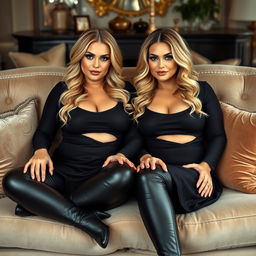 A cozy, intimate portrait of twin curvy blonde dominatrixes with average breasts, sitting confidently on a lush, opulent sofa