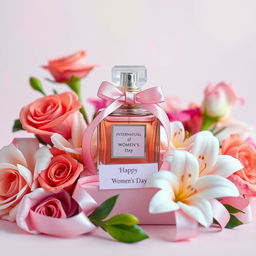 A beautiful gift of perfume elegantly wrapped for International Women's Day, surrounded by colorful flowers like roses and lilies, with a soft pastel background