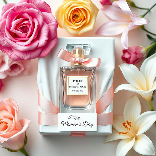 A beautiful gift of perfume elegantly wrapped for International Women's Day, surrounded by colorful flowers like roses and lilies, with a soft pastel background