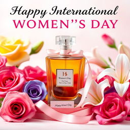 A beautiful gift of perfume elegantly wrapped for International Women's Day, surrounded by colorful flowers like roses and lilies, with a soft pastel background
