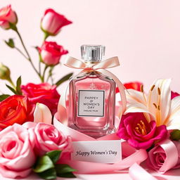 A beautiful gift of perfume elegantly wrapped for International Women's Day, surrounded by colorful flowers like roses and lilies, with a soft pastel background