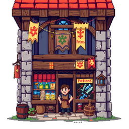Pixel art depicting a medieval shop front featuring a charming shopkeeper