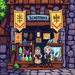Pixel art depicting a medieval shop front featuring a charming shopkeeper