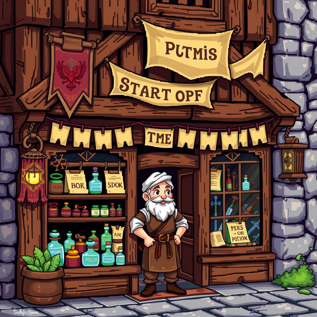 Pixel art depicting a medieval shop front featuring a charming shopkeeper