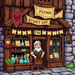 Pixel art depicting a medieval shop front featuring a charming shopkeeper