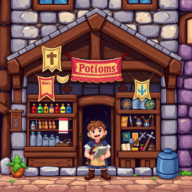 Pixel art depicting a medieval shop front featuring a charming shopkeeper