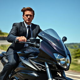 A confident businessman in a sharp black suit and sleek black tie, riding a high-performance sportsbike down a winding road