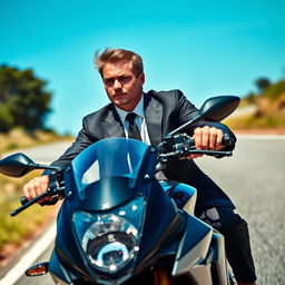 A confident businessman in a sharp black suit and sleek black tie, riding a high-performance sportsbike down a winding road