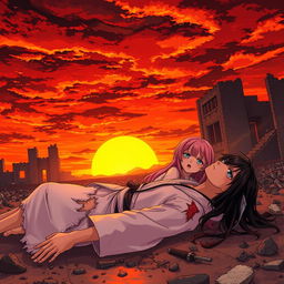 A dramatic sunset scene featuring a striking orange and red sky, enhancing the emotional atmosphere