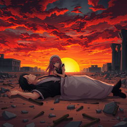 A dramatic sunset scene featuring a striking orange and red sky, enhancing the emotional atmosphere