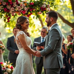 A beautiful wedding setting featuring a joyful couple exchanging vows