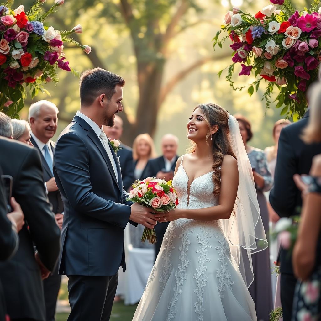 A beautiful wedding setting featuring a joyful couple exchanging vows