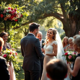 A beautiful wedding setting featuring a joyful couple exchanging vows
