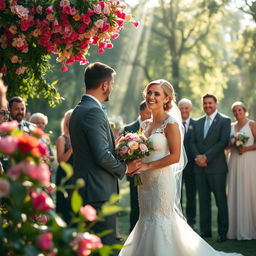 A beautiful wedding setting featuring a joyful couple exchanging vows