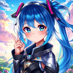 A stunning digital artwork of a blue-haired anime girl, featuring vibrant shades of blue and highlights that create depth and texture in her hair