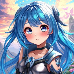 A stunning digital artwork of a blue-haired anime girl, featuring vibrant shades of blue and highlights that create depth and texture in her hair