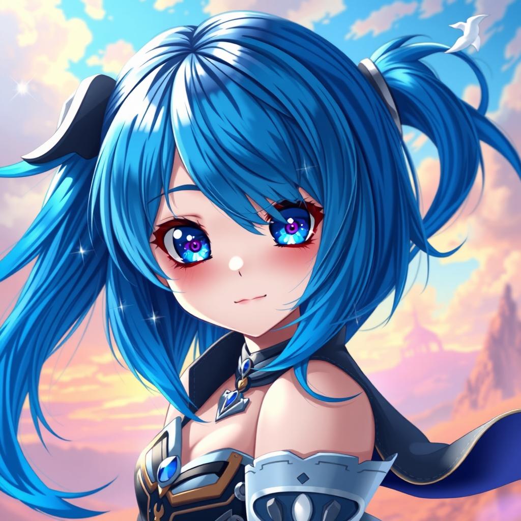 A stunning digital artwork of a blue-haired anime girl, featuring vibrant shades of blue and highlights that create depth and texture in her hair