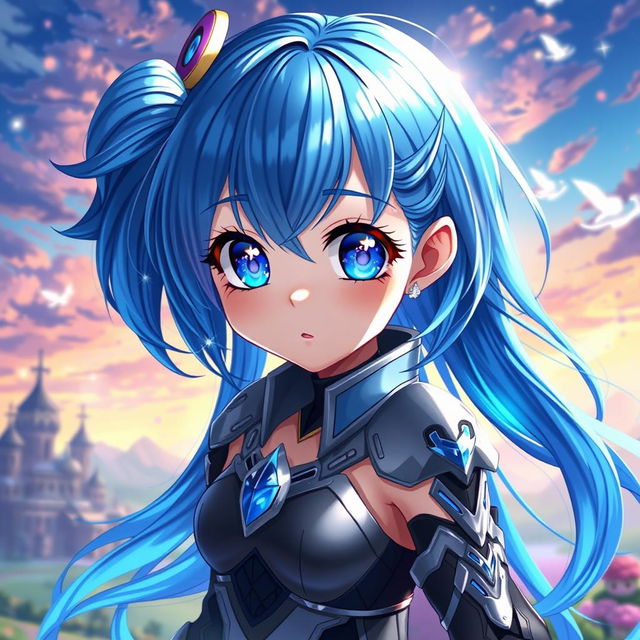 A stunning digital artwork of a blue-haired anime girl, featuring vibrant shades of blue and highlights that create depth and texture in her hair