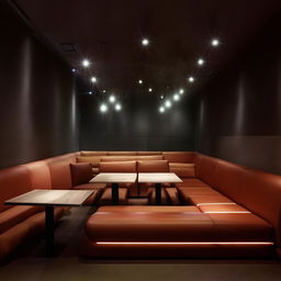 Futuristic restaurant containing six dining tables and a sofa, all bathed in dimmed, atmospheric lighting for a more intimate ambiance.