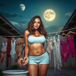 A full-body image of a gorgeous and sexy 45-year-old mature woman (MILF) with long wavy brown hair and striking cyan eyes