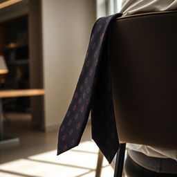 A close-up image of a loose necktie casually draped over the back of a chair in a stylish office