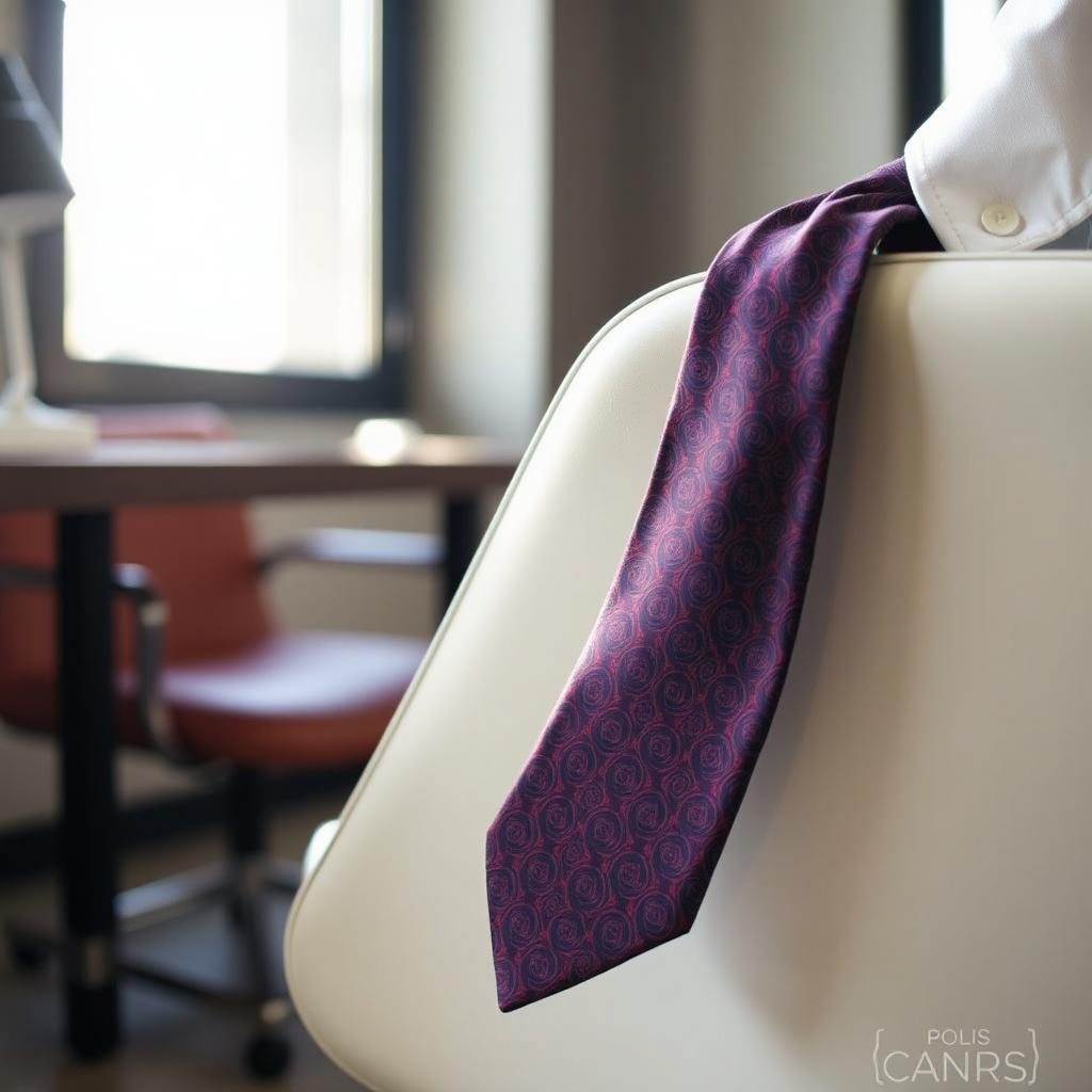 A close-up image of a loose necktie casually draped over the back of a chair in a stylish office