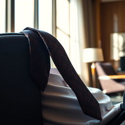 A close-up image of a loose necktie casually draped over the back of a chair in a stylish office