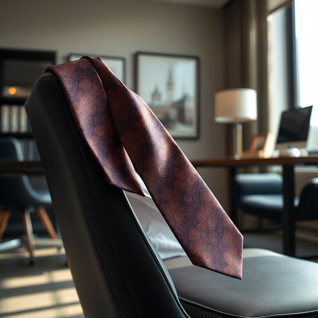 A close-up image of a loose necktie casually draped over the back of a chair in a stylish office