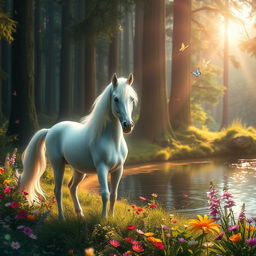 A mystical forest scene featuring a majestic unicorn standing near a shimmering lake, surrounded by vibrant wildflowers and soft, ethereal light filtering through the towering trees