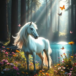 A mystical forest scene featuring a majestic unicorn standing near a shimmering lake, surrounded by vibrant wildflowers and soft, ethereal light filtering through the towering trees
