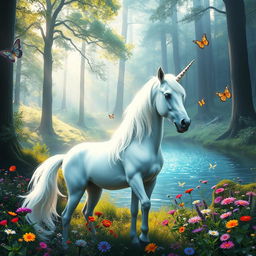 A mystical forest scene featuring a majestic unicorn standing near a shimmering lake, surrounded by vibrant wildflowers and soft, ethereal light filtering through the towering trees