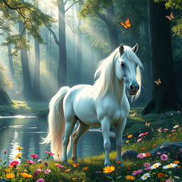 A mystical forest scene featuring a majestic unicorn standing near a shimmering lake, surrounded by vibrant wildflowers and soft, ethereal light filtering through the towering trees