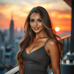A portrait of a stunningly beautiful woman with long flowing hair, dressed in a stylish and form-fitting outfit