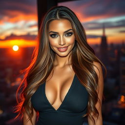 A portrait of a stunningly beautiful woman with long flowing hair, dressed in a stylish and form-fitting outfit