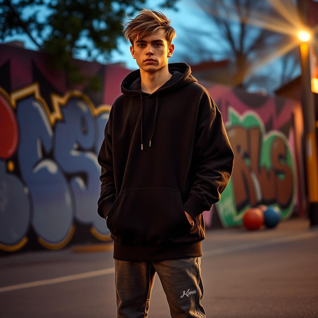 A cool hoodie-wearing guy standing confidently, surrounded by an urban environment