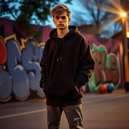 A cool hoodie-wearing guy standing confidently, surrounded by an urban environment