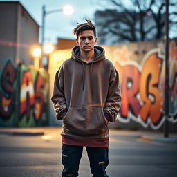 A cool hoodie-wearing guy standing confidently, surrounded by an urban environment
