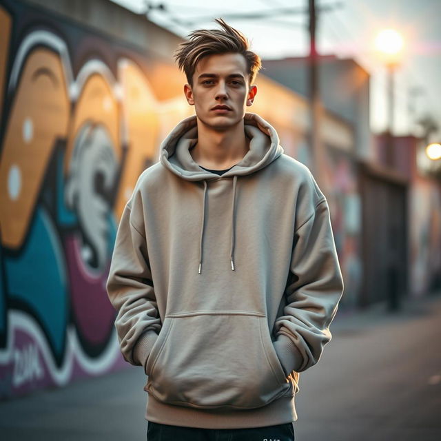 A cool hoodie-wearing guy standing confidently, surrounded by an urban environment