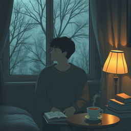 A person sitting alone in a cozy, dimly lit room, gazing out of a rain-streaked window