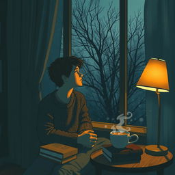 A person sitting alone in a cozy, dimly lit room, gazing out of a rain-streaked window