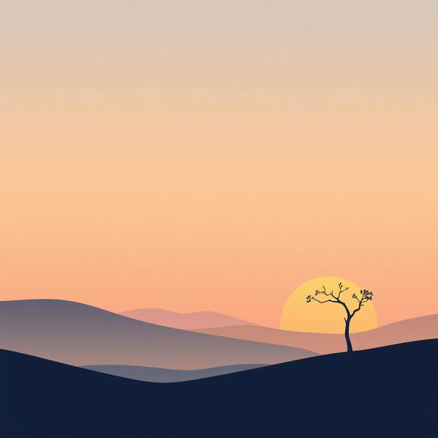 A minimalist design showcasing a serene landscape, featuring a vast expanse of soft pastel colors in the sky during sunset, with simple silhouettes of rolling hills in the foreground