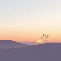 A minimalist design showcasing a serene landscape, featuring a vast expanse of soft pastel colors in the sky during sunset, with simple silhouettes of rolling hills in the foreground