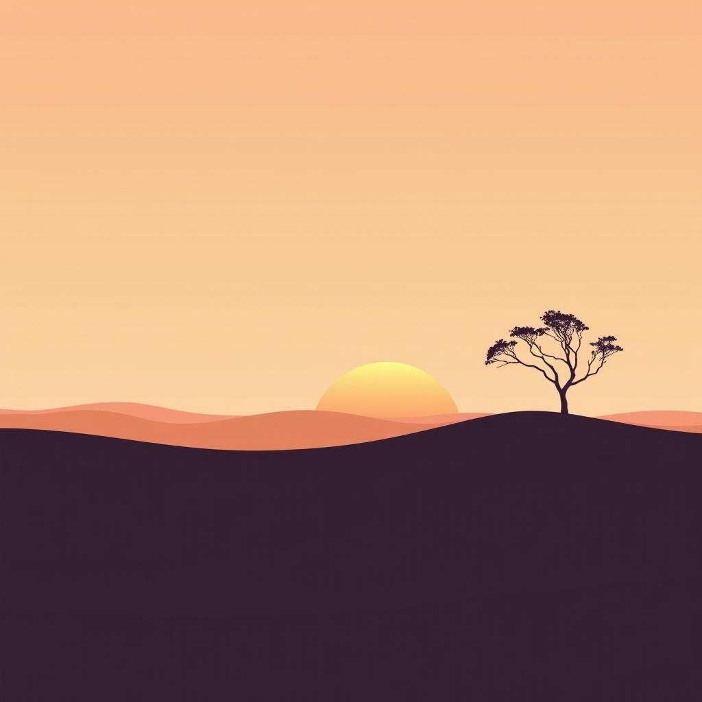 A minimalist design showcasing a serene landscape, featuring a vast expanse of soft pastel colors in the sky during sunset, with simple silhouettes of rolling hills in the foreground