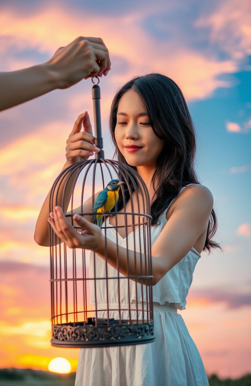 A serene scene depicting a woman gently opening a birdcage to set a small, colorful bird free