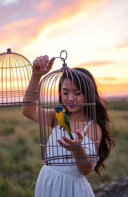 A serene scene depicting a woman gently opening a birdcage to set a small, colorful bird free