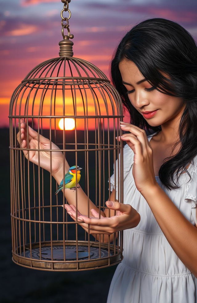 A serene scene depicting a woman gently opening a birdcage to set a small, colorful bird free